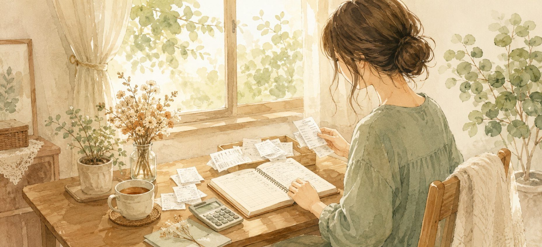 「家計を見直したい」人へのセクション画像。レシートと家計簿を前に整理する女性の水彩イラスト