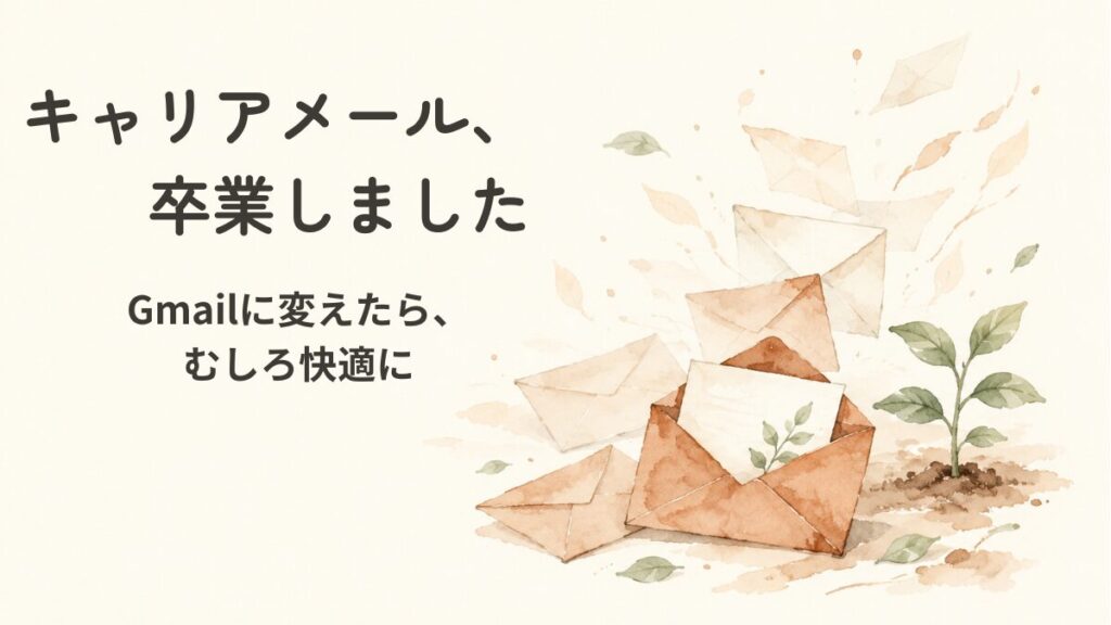 キャリアメールをやめても大丈夫だった、Gmailへの移行体験記事のアイキャッチ画像。封筒と芽吹きの水彩イラスト