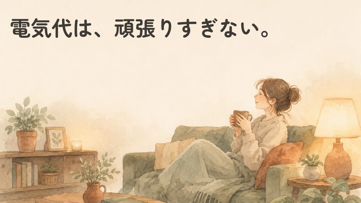 電気代は頑張りすぎない。新電力に変えても大差なし?大手電力のままにした理由の記事のアイキャッチ画像。ソファでくつろぐ女性の水彩イラスト