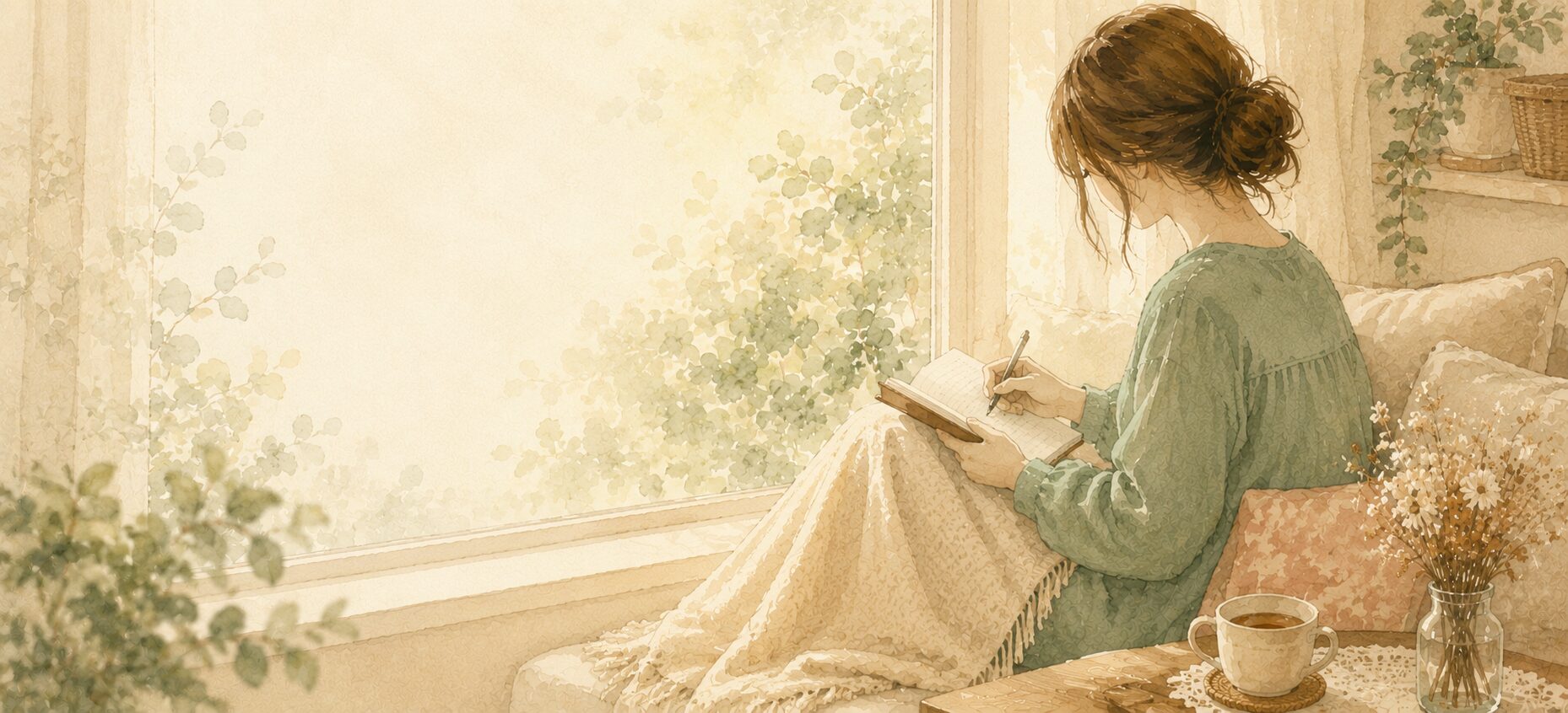 「同じ経験の話を読みたい」人へのセクション画像。窓辺でノートに書きものをする女性の水彩イラスト
