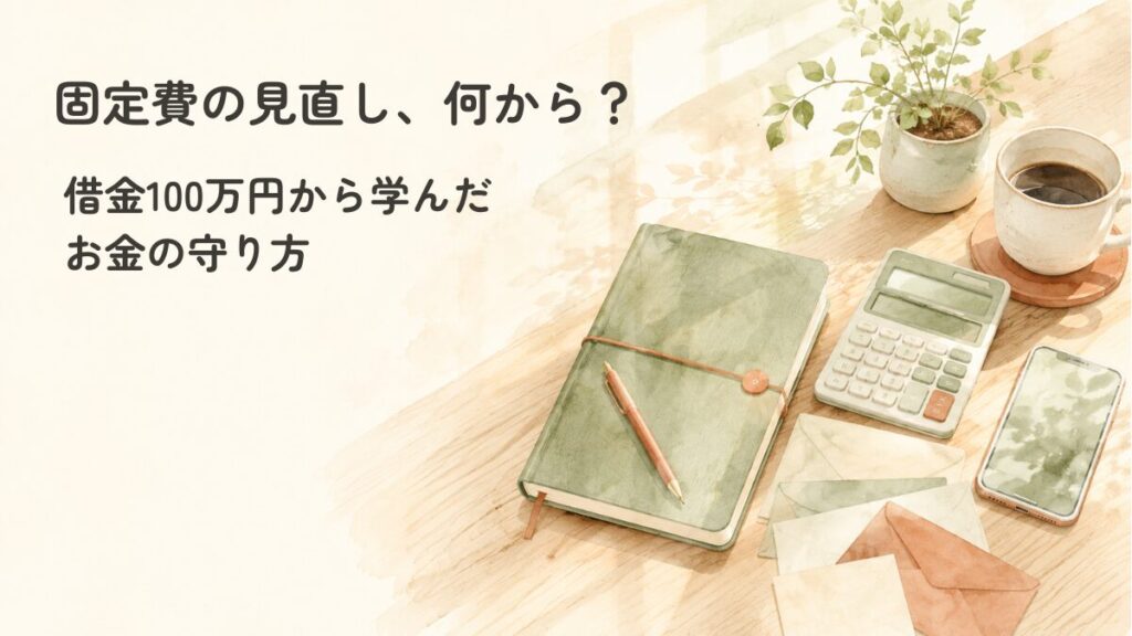 固定費の見直しは何から？借金100万円の私がやってよかった順に話す記事のアイキャッチ画像。家計ノートと電卓とスマホの水彩イラスト