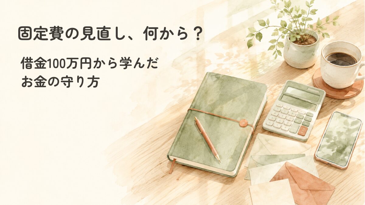 固定費の見直しは何から?借金100万円の私がやってよかった順に話す記事のアイキャッチ画像。家計ノートと電卓とスマホの水彩イラスト