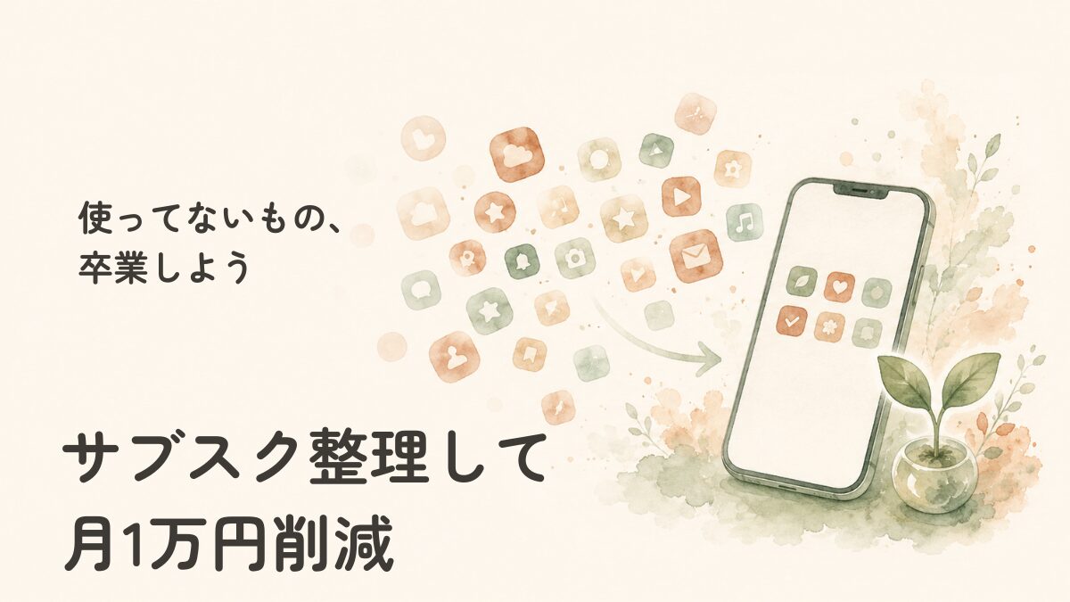 サブスク、気づけば月2万円だった話の記事のアイキャッチ画像。使っていないアプリを整理して卒業するスマホの水彩イラスト