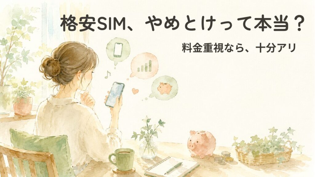 格安SIMは「やめとけ」って本当？料金重視なら十分アリな理由の記事のアイキャッチ画像。スマホを手に通信費を考える女性と貯金箱の水彩イラスト