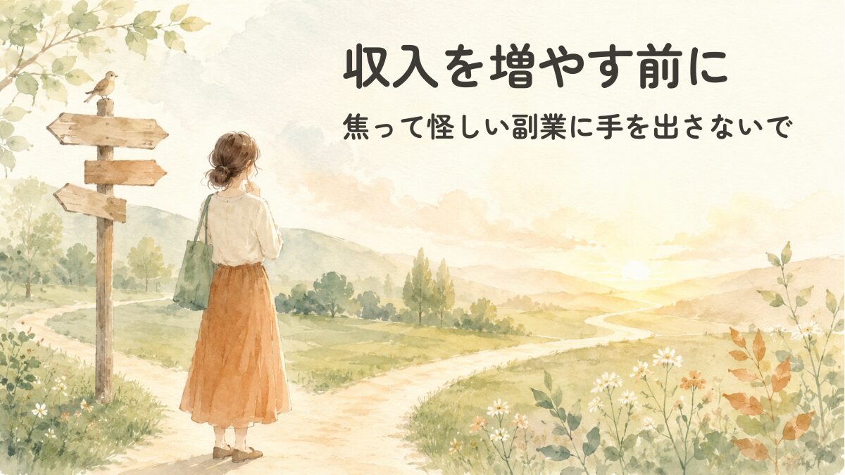 収入を増やしたい人へ、焦って怪しい副業に手を出す前に読む記事のアイキャッチ画像。分かれ道の道しるべの前に立つ女性の水彩イラスト