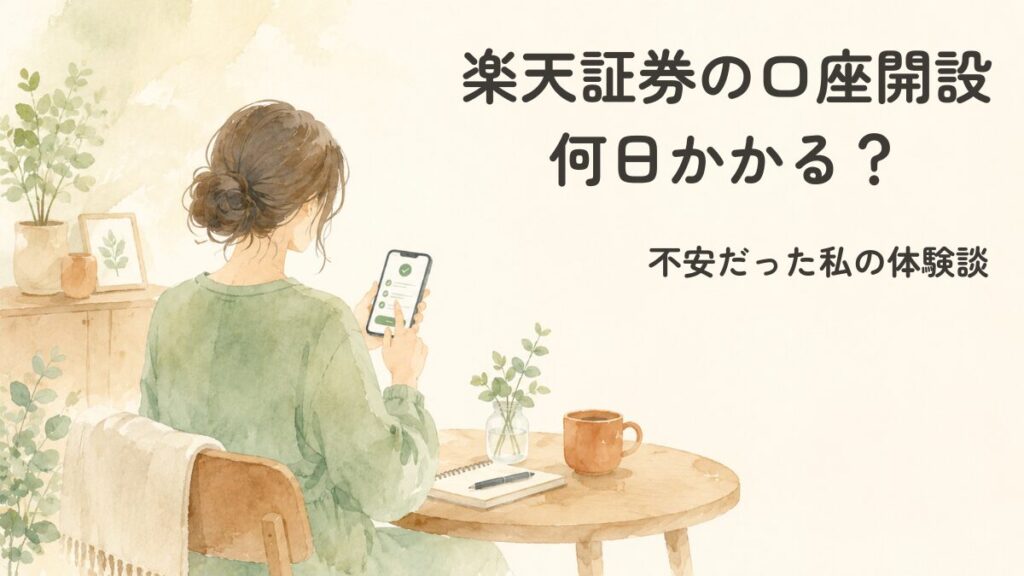 楽天証券の口座開設は何日かかる？不安だった私の流れとつまずき（体験談記事のアイキャッチ。スマートフォンで手続きをする女性のイラスト）