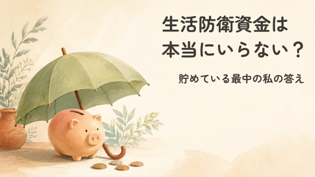 生活防衛資金は本当にいらない？貯めている最中の私の答えの記事のアイキャッチ画像。傘に守られた貯金箱の水彩イラスト