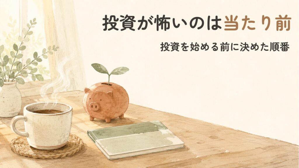 投資が怖いのは当たり前。投資を始める前に決めた順番の記事のアイキャッチ画像。芽の生えた貯金箱とコーヒーの水彩イラスト