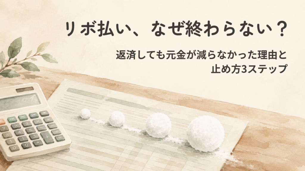 利用明細と電卓の上を、雪玉が転がりながら少しずつ大きくなっていくイラスト。リボの残高が雪だるま式に膨らんでいく様子を表す