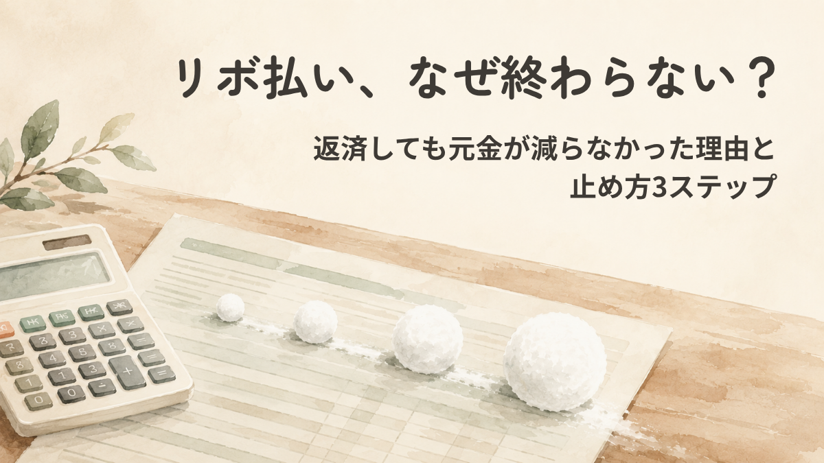 利用明細と電卓の上を、雪玉が転がりながら少しずつ大きくなっていくイラスト。リボの残高が雪だるま式に膨らんでいく様子を表す