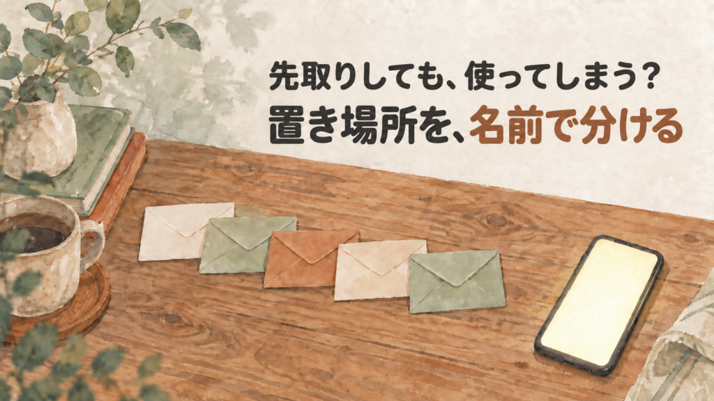 木のテーブルに封筒が5つ並び、そばにスマートフォンが置かれた水彩イラスト。先取りしたお金を名前で分けて置く目的別口座のイメージ