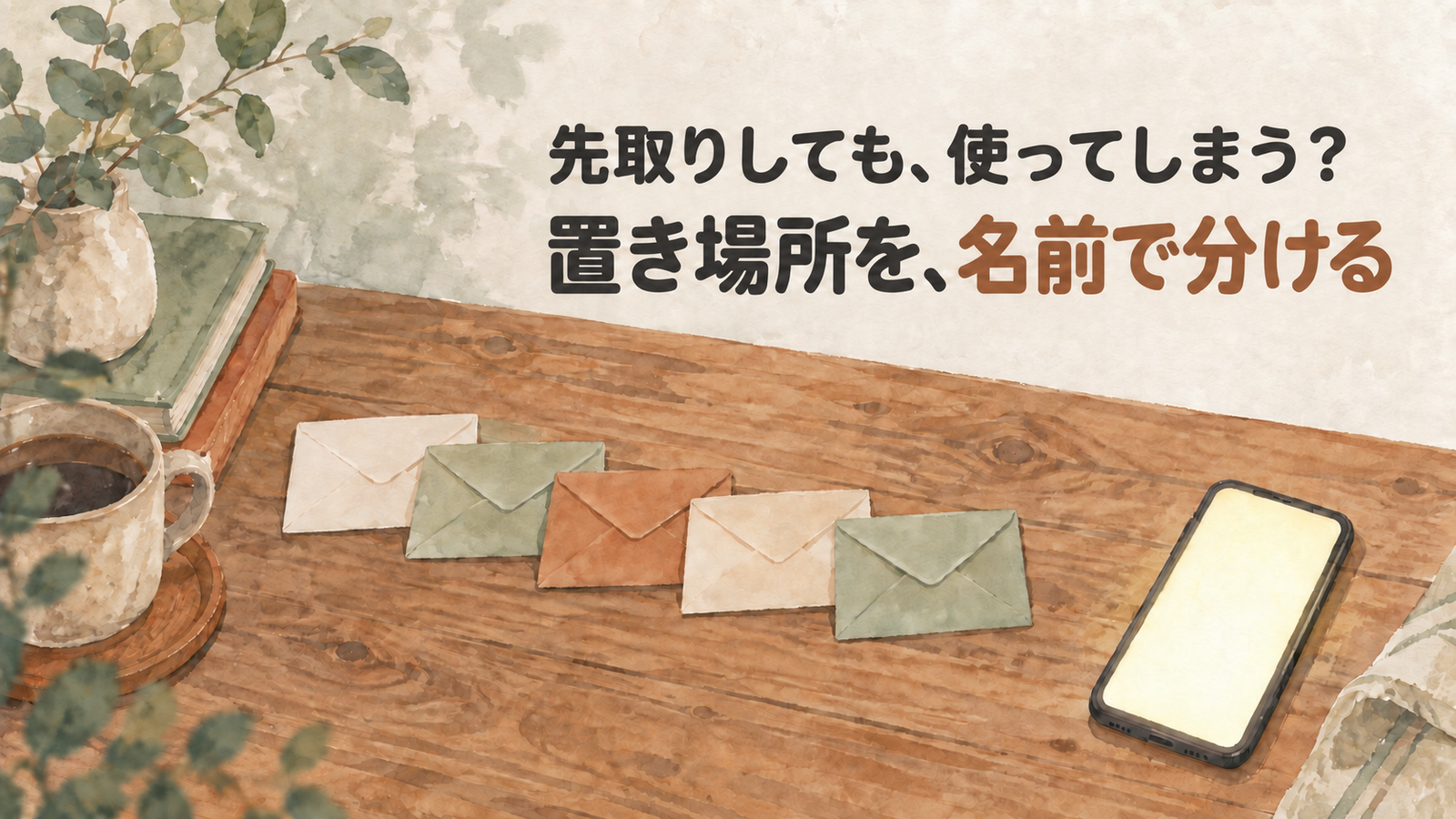 木のテーブルに封筒が5つ並び、そばにスマートフォンが置かれた水彩イラスト。先取りしたお金を名前で分けて置く目的別口座のイメージ