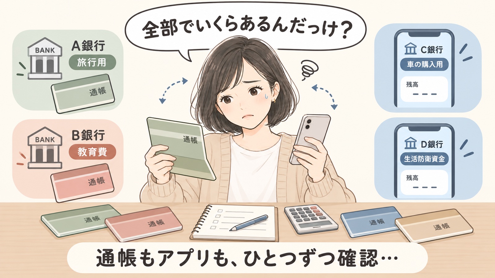 目的別に分けた銀行の通帳やアプリを見比べ、貯金が全部でいくらあるか確認するのに困っている女性のイラスト