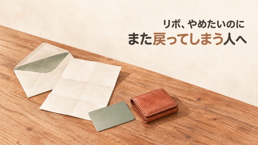 開封された封筒と明細の紙、無地のクレジットカード、閉じた財布の水彩イラスト。リボ払いをやめたいのに戻ってしまう記事のイメージ