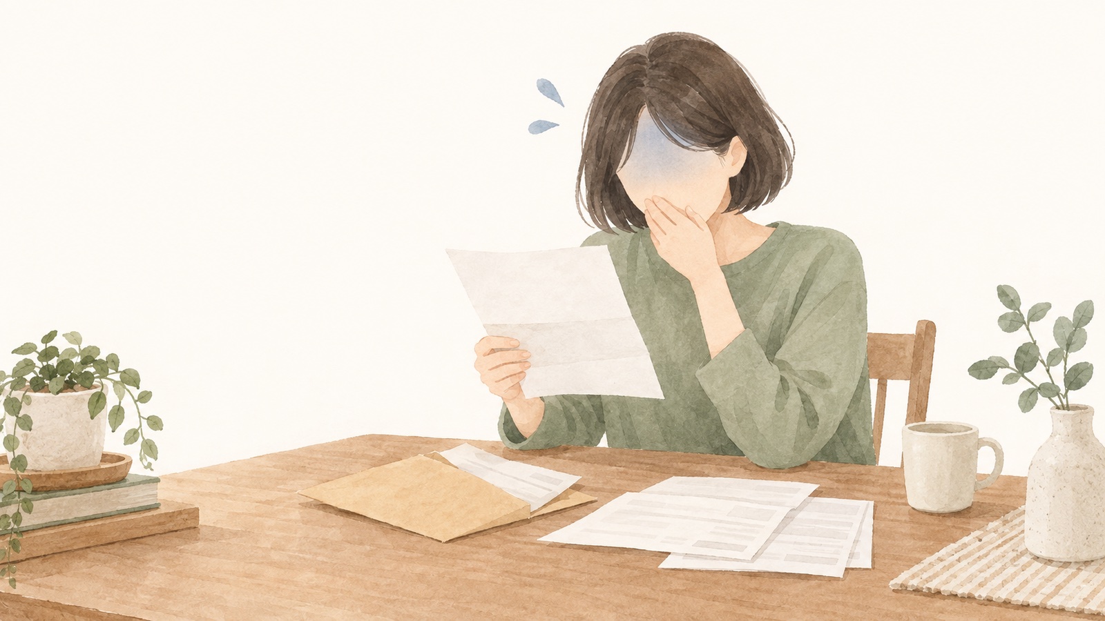 封筒で届いた明細を開けて残高を見て青ざめる女性のイラスト。あっ無理と思う場面