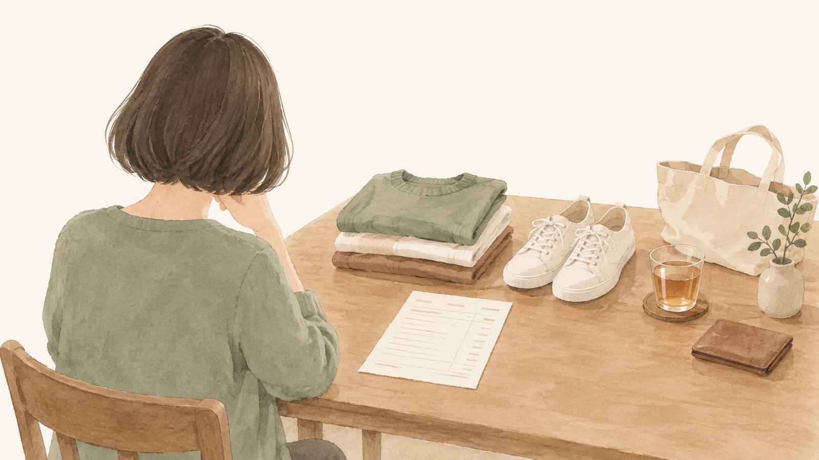 明細の横に服と靴と飲み物が並び、買っていたのは物ではなかったと気づく場面のイラスト