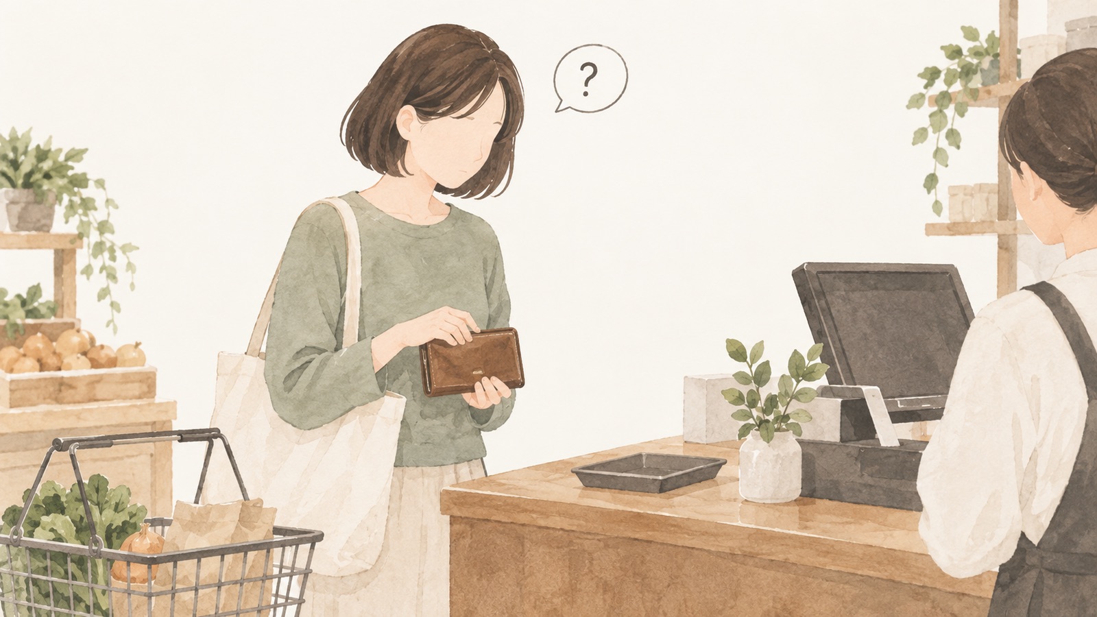 買う前にいま使えるお金はどれくらいだったかなと立ち止まる女性のイラスト