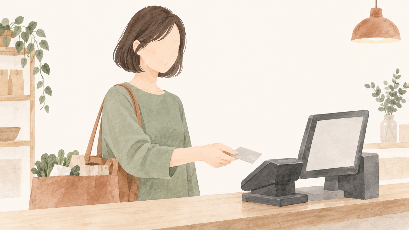 レジで次の1回だけ一括でと言ってカードを渡す女性のイラスト