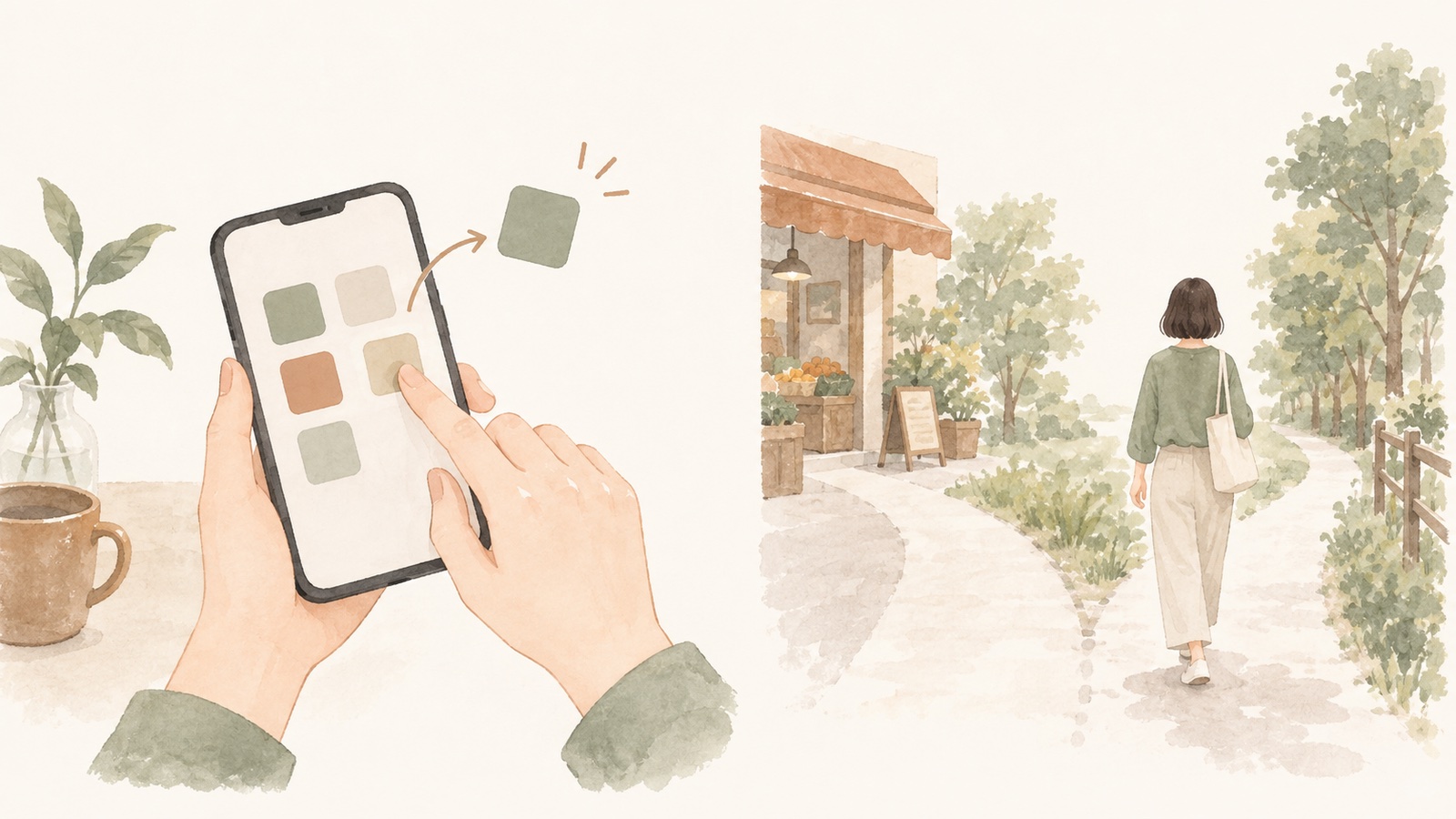 買い物アプリを消し、別の道を歩いて買い物と距離を作る女性のイラスト