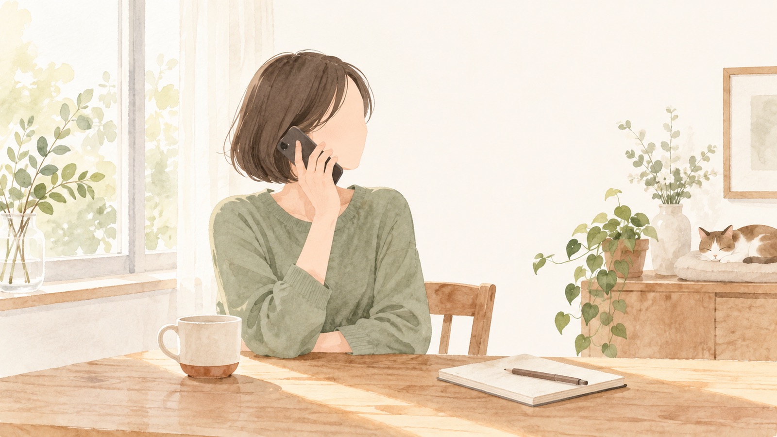 ひとりで抱えずに相談窓口へ電話をかける女性のイラスト