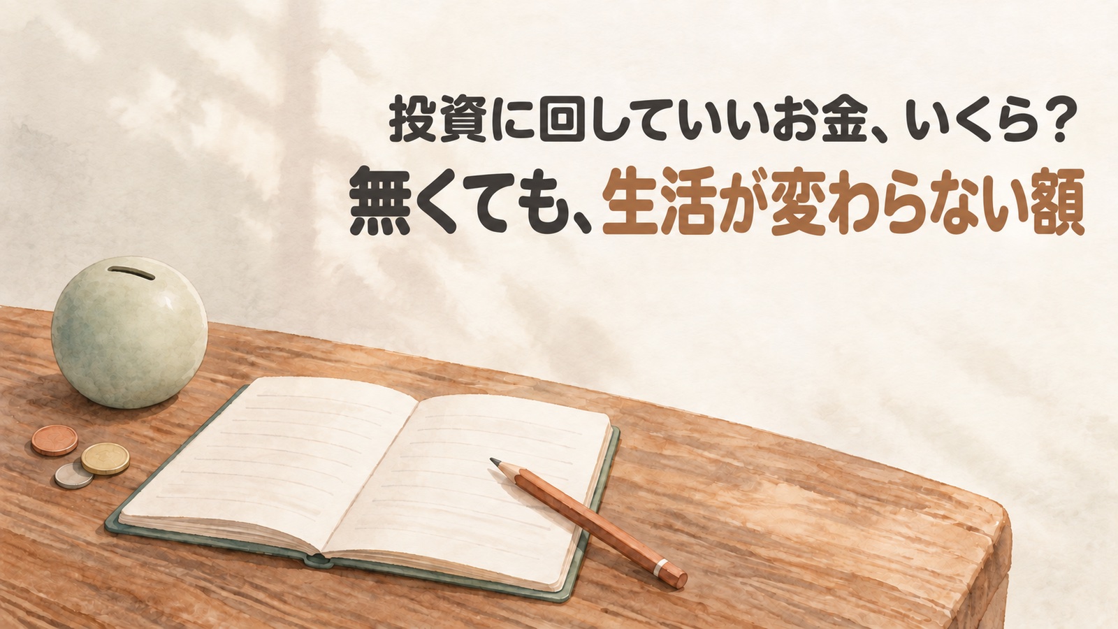 木のテーブルに開いた家計簿と鉛筆、小さな貯金箱と硬貨が置かれた水彩イラスト。無くても生活が変わらない額で投資を始めるイメージ