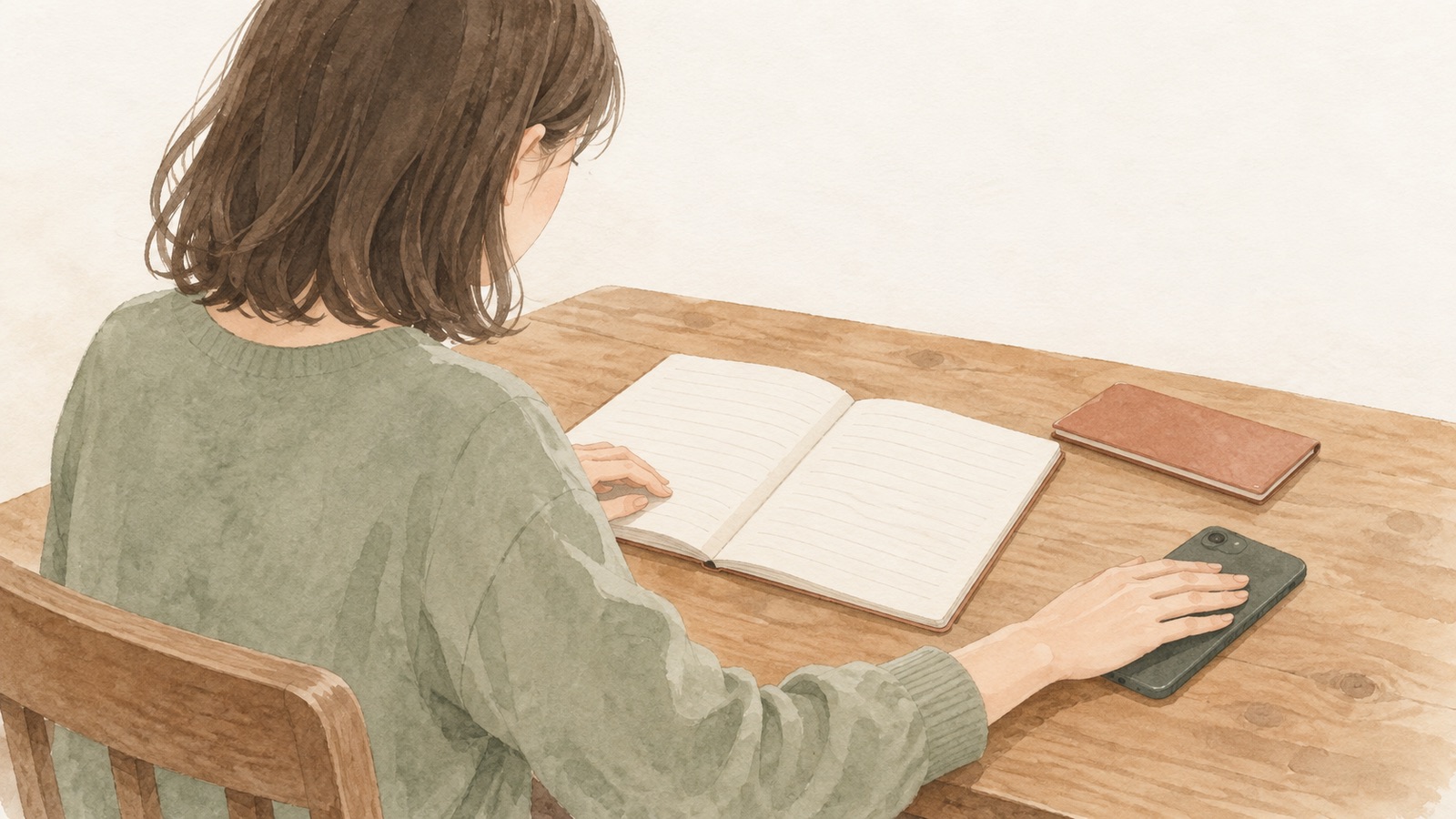 スマホの画面を伏せて、家計簿だけを見ている女性のイラスト。証券口座のお金をないものと考えて、生活が続くかを確かめるイメージ