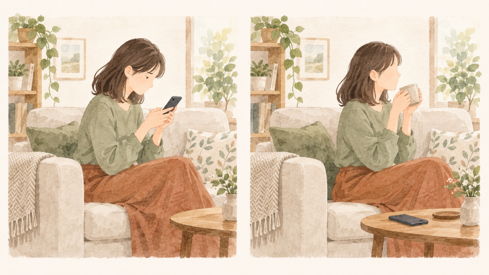 スマホを見て一喜一憂していた女性と、あとになって落ち着いてスマホを伏せている女性の2コマのイラスト