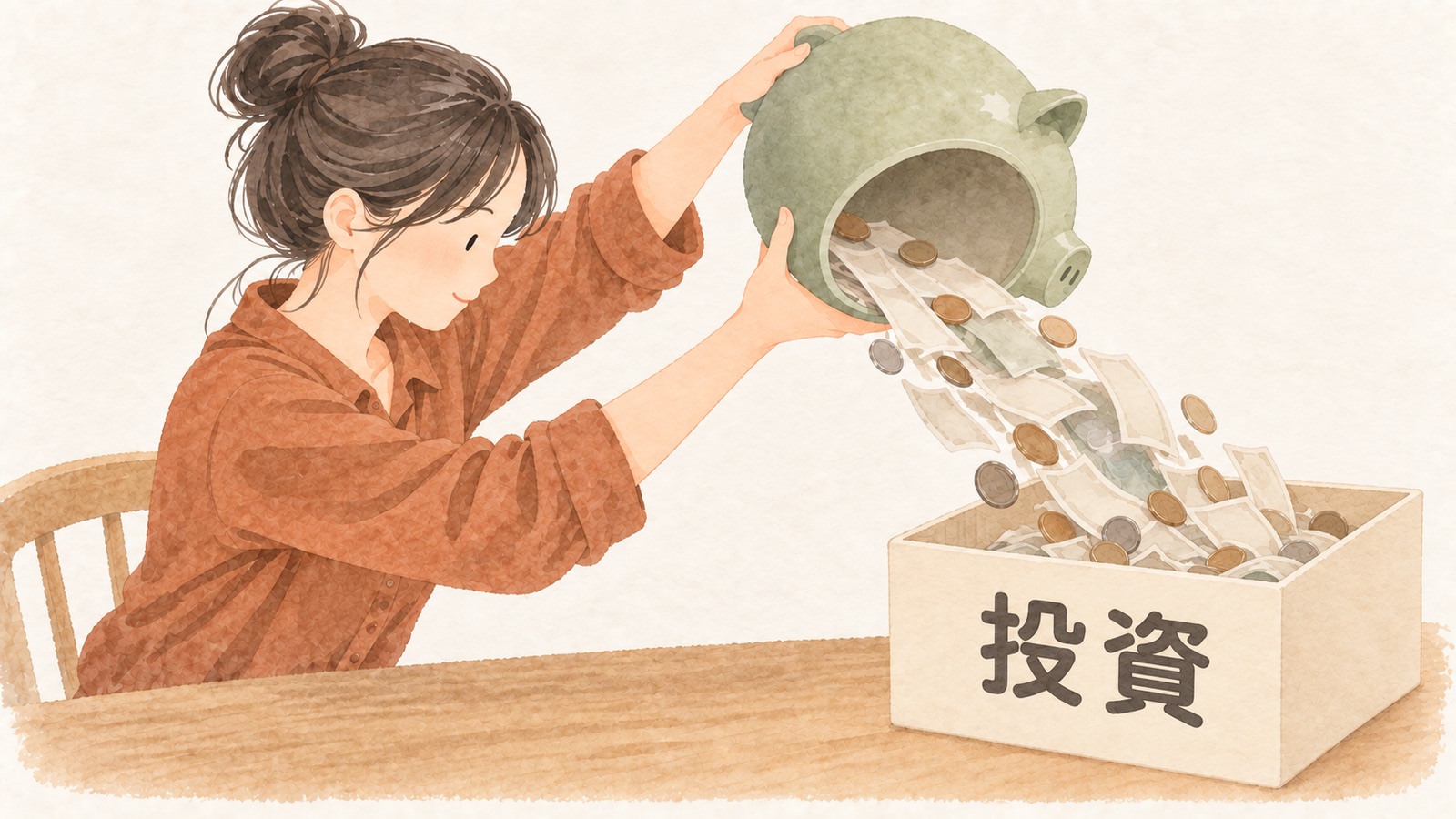 貯金箱を傾け、貯金のほとんどを「投資」と書かれた大きな箱へ一度に注ぎ込む女性の水彩イラスト。備えの預金まで投資に回してしまった失敗例のイメージ
